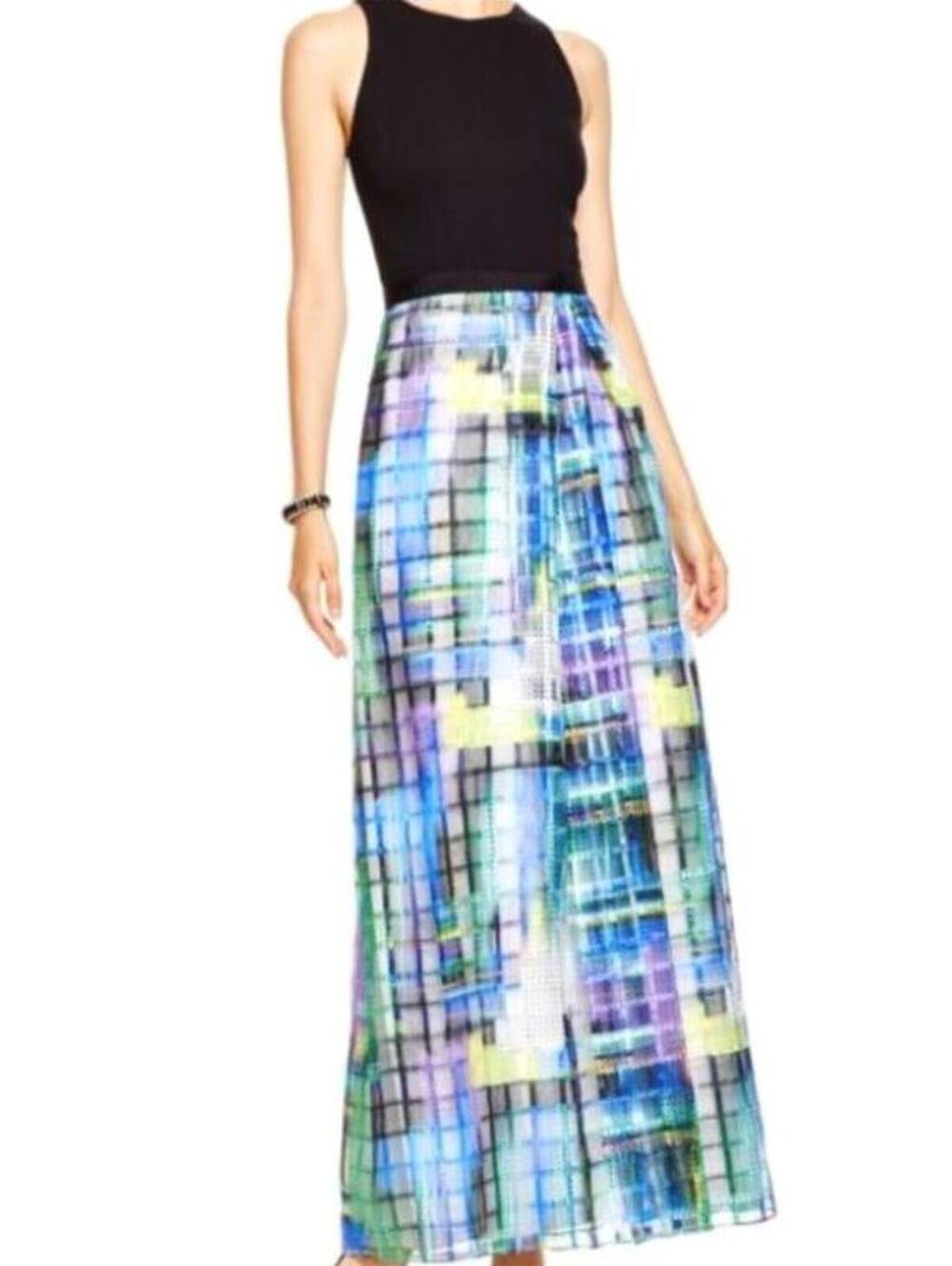 Aqua Black Tank Maxi Dress 6 Abstract Plaid Print Sleeveless Colorblock